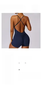 Detail of cross-strap back design and ruched lifting seam on navy blue yoga bodysuit