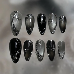 3D Cat Eye Press On Nails Almond Shape Dark Gothic Starburst Irregular Silver Metallic Luxury Manicure Accessory For Women