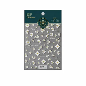 3D embossed white daisy nail art stickers TS-3595 with leaf patterns and green packaging