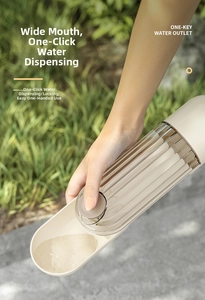 Single-hand operation of portable pet water bottle with wide bowl on green background