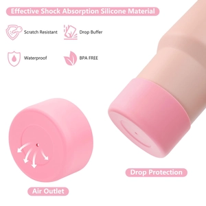 Pink silicone cup boot detail showing shock absorption and BPA-free bottom vent design
