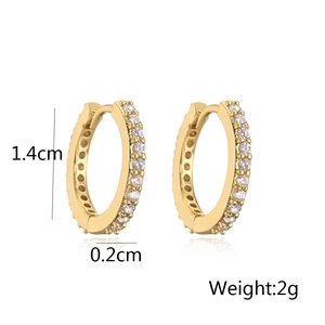 Detailed view of gold plated micro-inlaid hoop earrings showing dimensions 1.4cm and weight 2g