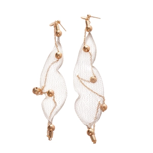 Elegante goldene Tropfen-Netzohrringe mit Perlenquasten und feinen Ketten auf weiß