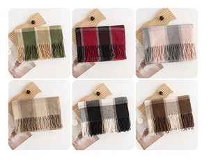 Collage of soft plaid scarves in green, red, pink, and khaki with tassel details