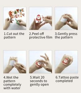 Six-step guide for applying Christmas temporary tattoos featuring Santa and reindeer