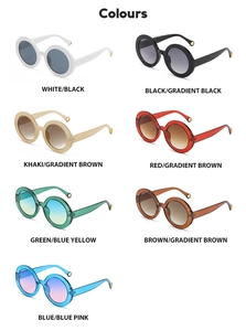Collection of seven colorful round frame sunglasses with solid and gradient lenses