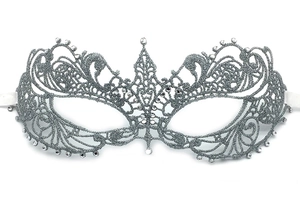 Detailed view of silver lace masquerade mask with sparkling rhinestones and glitter finish