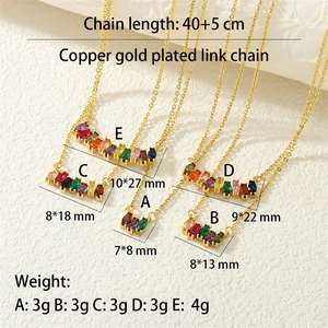 Detailed view of colorful zircon pendants with dimensions and copper gold plating info