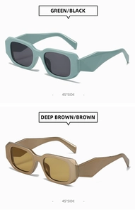 Detail view of square sunglasses in mint green and deep brown with 45-degree side angle