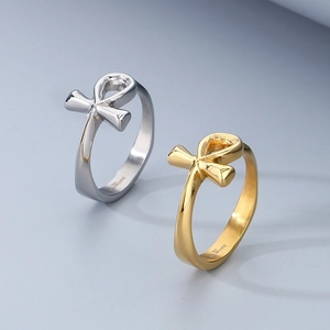 Polished silver and gold Ankh rings set with Ancient Egyptian cross symbol details