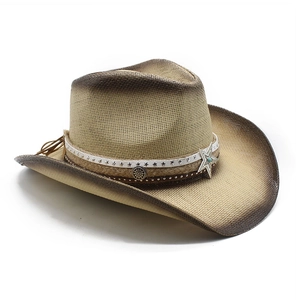 Retro western straw cowboy hat with painted brim and star turquoise bead band