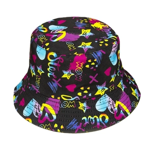 Double-sided street style bucket hat with colorful graffiti letters and heart patterns