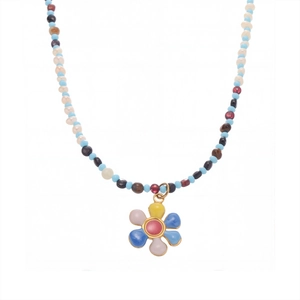 Handmade beaded necklace with colorful agate beads and a floral enamel flower pendant