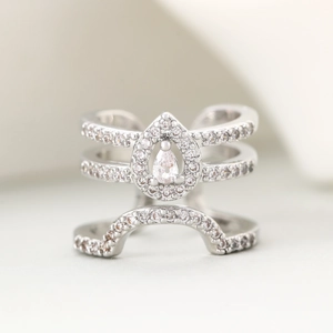 Elegant silver open nail ring with pear-cut zircon and triple-layer diamond-set bands