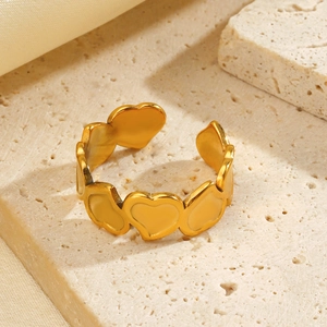 Minimalist 18K gold plated stainless steel open heart ring on textured stone base