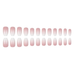 Short coffin press-on nails featuring a glossy pink and white ombre gradient finish