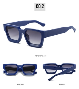 Three-view detail of square frame sunglasses showing front, back, and 45-degree angle