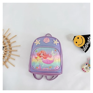 Top view of a purple glitter girls' mermaid backpack with 3D shell and starfish details