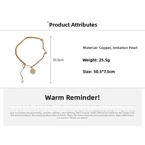 Detailed size chart of vintage gold coin necklace with imitation pearls and safety pin