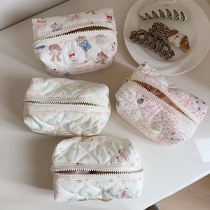 Quilted Cotton Makeup Bag Floral Animal Print Cosmetic Pouch Zipper Closure Portable Storage Organizer For Women Girls