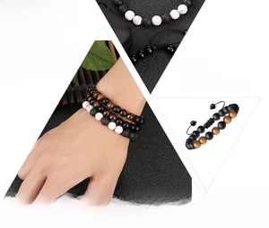 Detailed view of triple-layered 7 Chakra healing natural stone beaded bracelets set