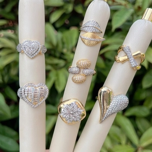 Fashion Heart Leaf Cross Adjustable Ring Copper 18K Gold Plated Cubic Zirconia Sparkling Jewelry For Women
