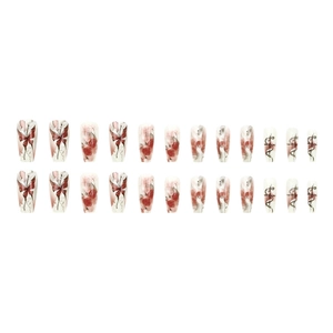 Long coffin fake nails featuring ink-style roses, butterfly wings and red watercolor designs
