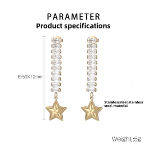 Detail view of gold stainless steel star earrings with cubic zirconia, size 50x12mm