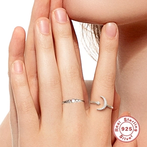 S925 sterling silver star and moon adjustable rings with cubic zirconia on female hand
