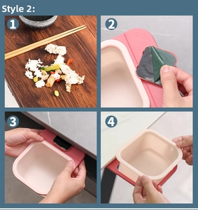 Step-by-step installation of pink desktop swivel trash bin with adhesive mounting guide