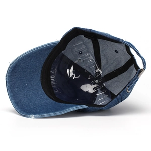 Distressed blue denim baseball cap with vintage embroidery and adjustable metal buckle