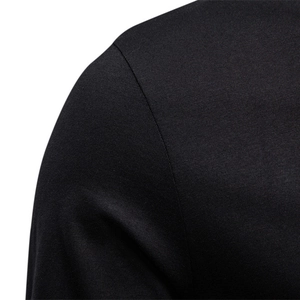 Close-up of shoulder stitching on a men's slim fit black cotton V-neck long sleeve T-shirt