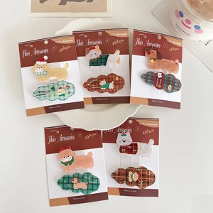 Christmas Cartoon Dog Cat Hair Clips Acrylic Plaid Side Duckbill Barrettes Festive Holiday Headwear For Little Girls