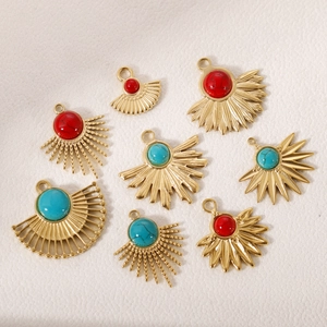 Sunburst Natural Stone Pendants 304 Stainless Steel Fan Shaped Charms DIY Jewelry Making Handmade Bohemian Vintage Style