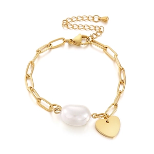 Bracelet En Acier Inoxydable Breloques Cœur Fausse Künstliche Perle Coquille Chaîne À Trombones Réglable Bijoux De Mode Cadeau Femmes Élégant