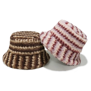 Plush Bucket Hat Faux Fur Warm Winter Gradient Striped Fisherman Cap For Women Casual Outdoor Chic Accessory