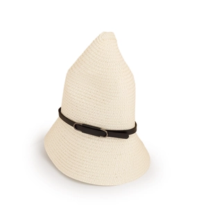 Close-up of the fine straw weave texture and black leather belt with a metal buckle