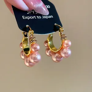 Boucles D'oreilles Créoles Fleur Alliage Plaqué Or Avec Künstliche Perles Roses Strass Tige En Argent Sterling 925 Pour Femmes