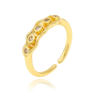 Adjustable 18K gold plated copper ring featuring a wave design with five zircon stones