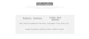 Detailed sizing chart for cotton baseball cap with 56-60cm circumference and 7cm brim