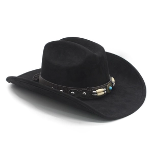 Close-up of black suede cowboy hat with brown leather band and turquoise stone detail