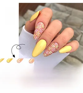 Détails de faux ongles amande à fleurs jaunes et roses, ensemble de manucure JP1692