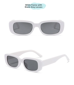 Detailed views of vintage square kids sunglasses with white frames and grey lenses