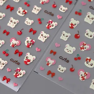 3D embossed cute cartoon mouse and cherry nail art stickers with self-adhesive design