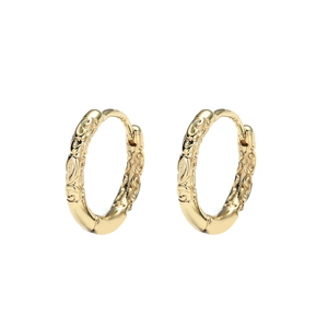 Hypoallergenic gold vintage hoop earrings with embossed patterns on white background