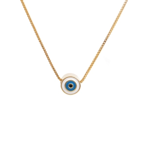 Minimalist Lucky Eye pendant necklace in gold finish with blue enamel evil eye charm
