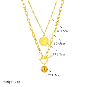 Layered gold titanium steel necklace featuring Elizabeth II coin and ball pendants