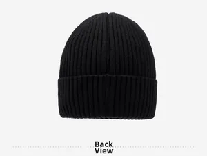 Back view of a black ribbed knit beanie showing the texture and folded cuff detail