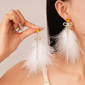 Vintage Heart Bow Tassel Feather Long Drop Earrings For Women Elegant Rhinestone Jewelry With Silver Earring Post