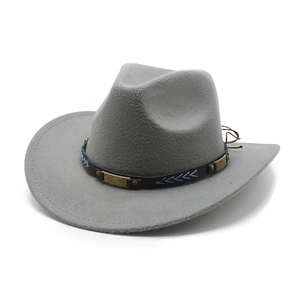 Detailed view of grey wool felt cowboy hat with embroidered brown leather decorative band